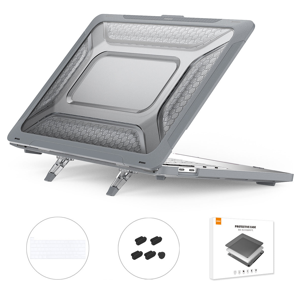for MacBook Pro 13 inch (2020) A2251 / A2289 / A2338 (US Version) Fold Kickstand Heat Dissipation Case Hard PC Cover with Clear TPU Keyboard Film + Anti-Dust Plugs - Grey for MacBook Pro 13 inch (2020) A2251 / A2289 / A2338 (US Version) Fold Kickstand Heat Dissipation Case Hard PC Cover with Clear TPU Keyboard Film + Anti-Dust Plugs - Grey